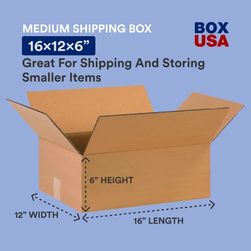 Image of BOX USA 16 x 12 x 6 Corrugated Cardboard Boxes, Flat 16 inchL x 12 inchW x 6 inchH, Pack of 25 | Shipping, Packaging, Moving, Storage Box for Home or Business, Strong Wholesale Bulk Boxes