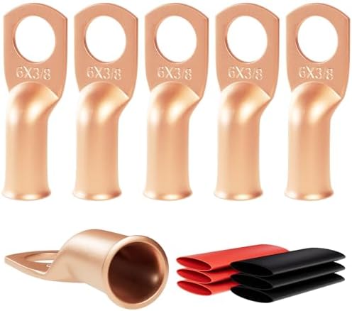 6pcs 6 Awg - 3/8" (M10) Sanuke Wire Lugs Ring Terminal Connectors Ends Heavy Duty for Battery Cable Lug Wire Electrical Eyelets with 3:1 Dual Wall Adhesive Heat Shrink