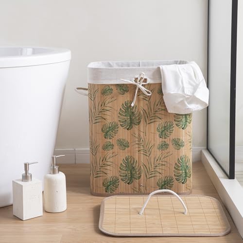 Image of HOKIPO Eco-Friendly Foldable Bamboo Laundry Basket Hamper with Lid, Large - 60 Liter, Tropical Leaves (AR-5751), Multi