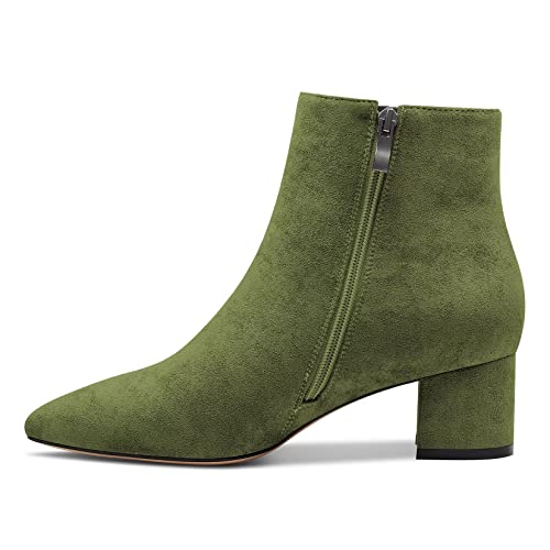 Castamere Women Chunky Block Low Kitten Heel Close Pointed Toe Ankle Boots Short Bootie Slip-on Zipper Office Classic Dress Boots Dark Green Suede 2.5 UK