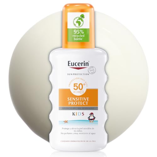 Eucerin Sun Kids Sensitive Protect Spray FPS 50+ (200 ml), crema de sol con filtros UV, protector solar infantil en spray resistente al agua, protección solar para pieles sensibles