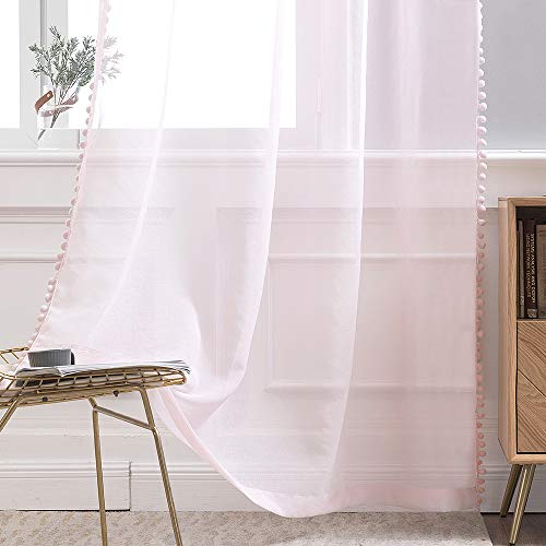 MIULEE Sheer Curtains with Pom Poms-Pink Voile Curtains for Bedroom Living Room, Pretty Rod Pocket Pompom Curtains for Kids, Girls Bedroom, 2 Panels Net Window Curtains, Each W55 x D85 Inch - Image 4