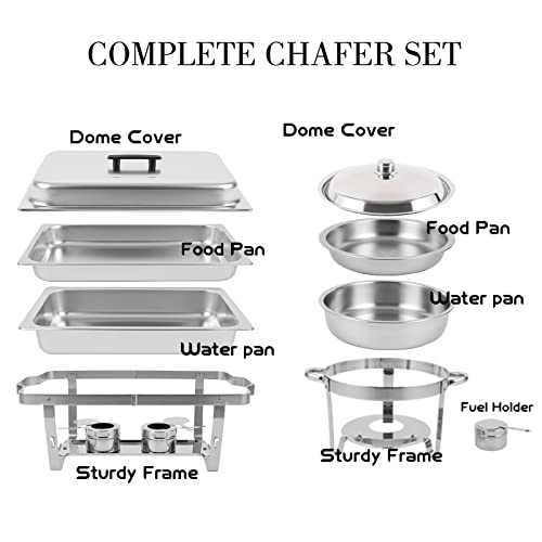 Restlrious Chafing Dish Buffet Set 4 Pack, Stainless Steel 5 Qt Round & 8 Qt Rectangular Foldable Chafers And Buffet Warmers Set, Full Size W/Water Pan, Food Pan, Fuel Holder & Lid For Catering Event #TOP1