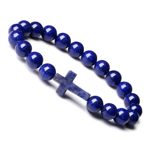 Cross Bracelet for Men & Women, Handmade Lapis Lazuli Crystal, Stretch Elastic, 8mm Round Beads, Blue