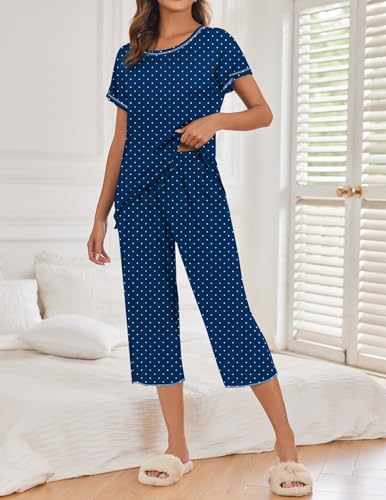 Image of Ekouaer 2 Pack Womens Pajamas Sets Short Sleeve Tops and Capri Pants Pjs Colorful Printed Sleepwear Sets