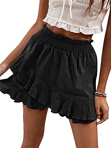 WDIRA Women's Elastic Waist Flounce Pleated Shorts Ruffle Layered Basic Mini Skirt Carbon Black S WDIRA Women's Elastic Waist Flounce Pleated Shorts Ruffle Layered Basic Mini Skirt Carbon Black S