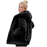 Womens Fluffy Coat Thermal Teddy Bear Fleece Jackets Ladies Double-Sided Fleece Hooded Coat Cozy Faux Fur Overcoat with Pockets & Elastic Hem Spring Fall Winter Warm Plush Jacket Plus Size M-4XL