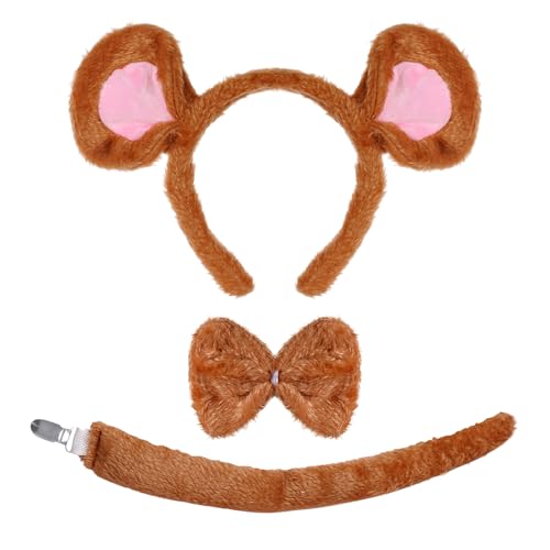 Pistha 3 Pcs Mouse Costume Accessories Mouse Ears Headband Bowtie and Tail Animal Costume Kit for Halloween Cosplay Brown