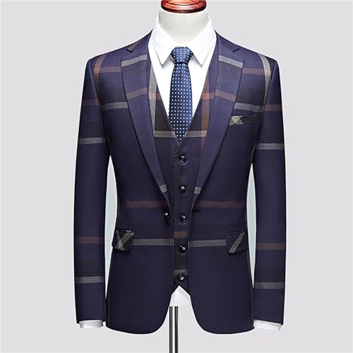 Men’s Plaid 3-Piece Suits Check Suit Jacket Vest Pants Set 1 Button Formal Party Blazer Suit2