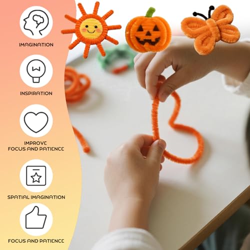 Image of Orange Pipe Cleaners Crafts,100pcs Chenille Stem,DIY Arts and Crafts Supplies for Halloween /Christmas Room Decor Indoor,Art Supplies for Kids,Stem Toys for Ages 5-7,Teen Girl Gifts,Handmade Flower