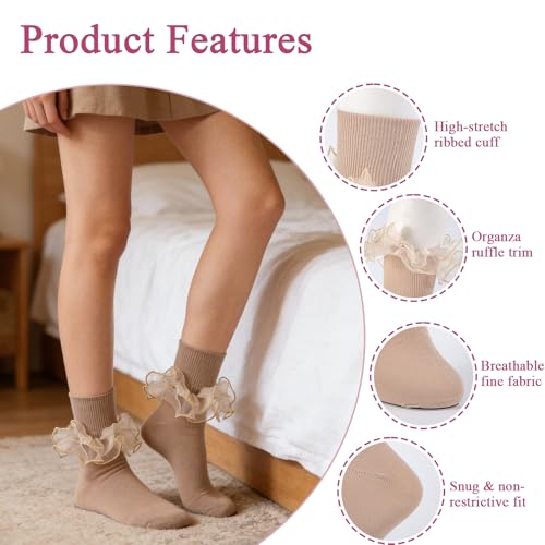 Image of Women Big Ruffle Ankle Socks Adult Double Lace Frilly Socks Fold Cuff Cotton Ruffled Dress Crew Bobby Bride Sock