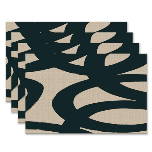Kemingni Abstract Mid Century Boho Neutral Black and Beige Placemats Set of 4 12x18 Inch, Contemporary Black Brushstroke Table Mats Washable Placemat for Home Party Kitchen Dining Room Decoration