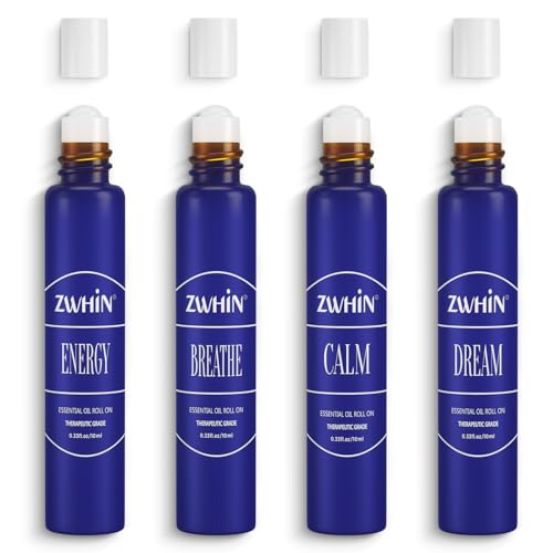 Essential Oils Roller Set Pack 4 x 0.33fl.oz, Natural Pre-diluted Essential Oils Roll On with Glass Rollerball, Gift for Women & Men