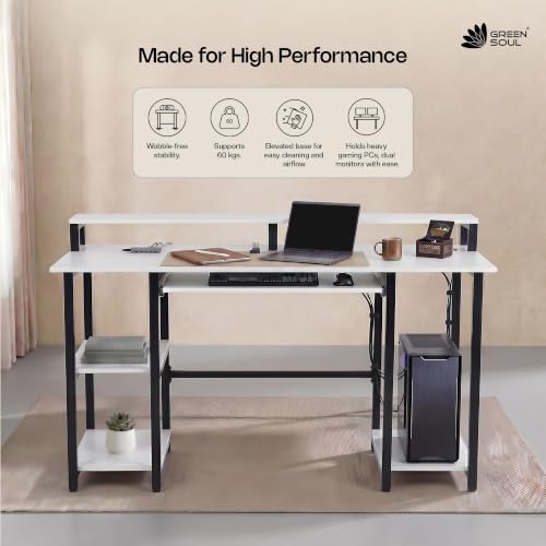 Image of Green Soul Venture Office Table for Home | Computer Table for Home pc with Keyboard Tray, Monitor Riser | 3-Years Assurance | Frosty White | Installation Provided