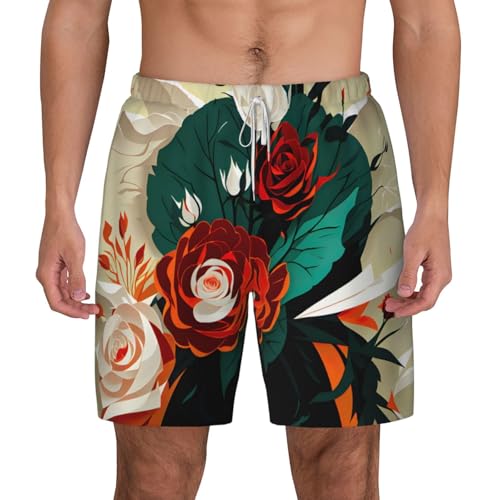 Red Rose Floral Men's Soft Double Swim Shorts, Lounge Swiming Shorts Pants Breathable Summer