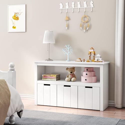 FOREHILL Mueble Almacenaje Juguetes, Mueble Juguetes Organizador, Armario Infantil Ropas, Estantería Infantil Montessori, con 3 Cajones con Ruedas, 1 Estante Abierto, Blanco, 102 x 33 x 61,5cm - imagen 4