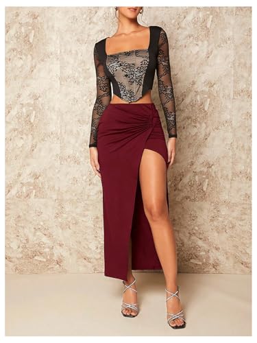 Milumia Women's Twist Front Slit Thigh Long Skirt High Waisted Asymmetrical Maxi Skirts3