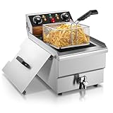 FOHERE Freidora Aceite de 11L con Drenaje, 3000W Freidora con Cesta y Tapa, Temporizador de 60 Minutos, Control de Temperatura de 60 a 200°C, para Restaurantes y Cocinas