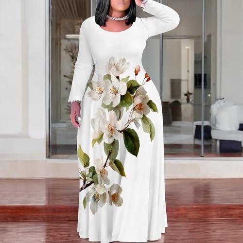 Image of PinkPatty Plus Size Maxi Dress for Curvy Women Crew Neck Long Sleeves Casual Dress Vacation Sundresses with Pockets