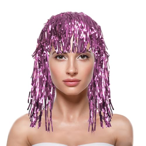 Image of KOLIGHT Shiny Tinsel Hat Wig with Fringe - Colorful Cheerleading Fan Accessory for Holiday Parties, Sports Events & Costume Decorations with Cap+Comb(pink)