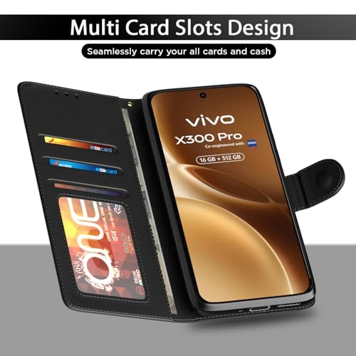 Image of Amazon Basics Flip Cover for Vivo X300 Pro 5G Leather Finish | Wallet Stand and Shock Proof | Inside TPU with Card Pockets | Complete Protection Flip Case (Black)