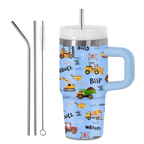 Hiboss Construction Truck Tumbler with Handle for Boys 14 Oz, Insulated Stainless Steel Trucks Travel Tumbler Cup, Birthday Gifts for Boys, Kids, Back To School