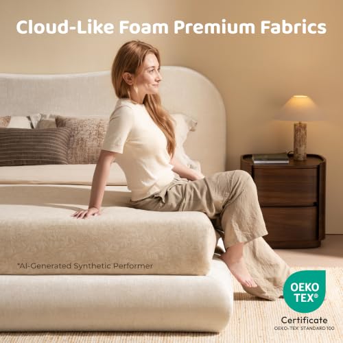 Image of RECCI AirFrame Queen Upholstered Bed Frame with Camelback Curved Headboard | Camelback Curved Headboard, 360 Soft Foam Surround, Low Profile Cloud Bed Frame, No Box Spring Required, Easy Assembly
