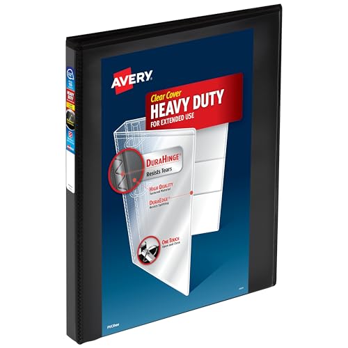 Image of Avery Heavy-Duty View 3 Ring Binder, 0.5 Inch One Touch Slant Rings, 135-Sheet Capacity, DuraHinge, 0.7 Inch Wide Spine, Customizable Clear Cover and Spine, 1 Black Binder (79381) (Pack of 6)