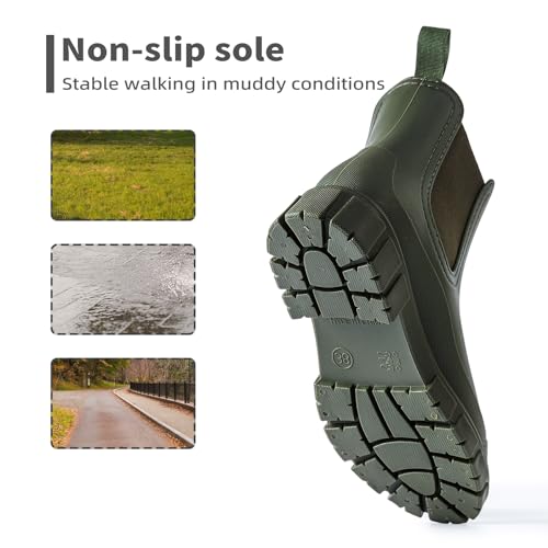 DRECAGE Gummistiefel Damen Wasserdicht Stiefel Damen Halbhoch Ankle Chelsea Boots Stylisch Stiefeletten mit Rutschfest Sohle Grün 40