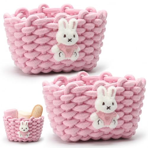 CHUANFU 2 Piezas Cesta Almacenaje con Cuerda de Algodón, Cestas Organizadoras Apilables Decoración, Conejo Cestas de Almacenamiento para Bebé, para Baño, Dormitorio, Sala de Estar, Rosa
