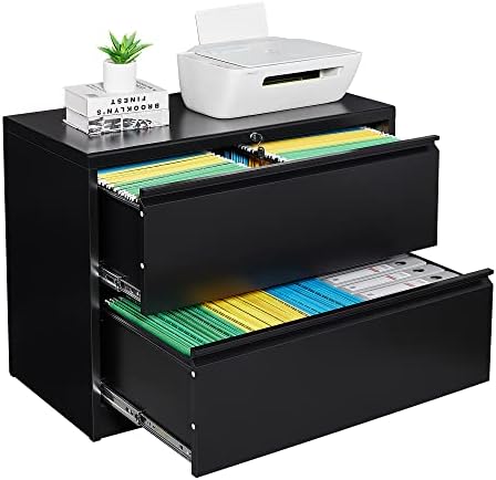 WIILAYOK Lateral File Cabinet with Lock,2 Drawer File Cabinet for Home and Office, Organizer Storage Lateral Locking Filing Cabinet, Black