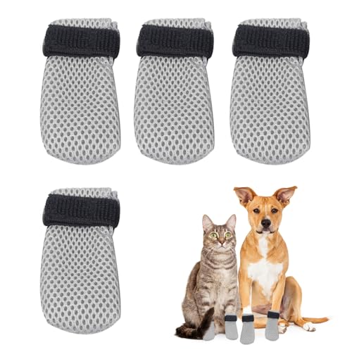 Bekecidi 4 botas antiderrapantes para gatos, capas ajustáveis para garras de gato antiderrapantes meias de malha para gatos luvas de cão protetor de patas de gato para cortar unhas (cinzento)