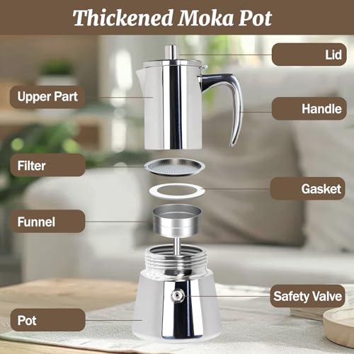 Supvision 12 Cup Thickened Moka Pot 304 Stainless Steel 600ml Italian Espresso Coffee Maker Stovetop CoffeeMakers Mocha Pot Percolator for Induction Stove Classic Cafe Makers Portable for Easy Brewing