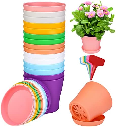 ADXCO 16 Pack 4 Inch Plastic Planters Assorted Flower Plant Pots Seedling Nursery Pots with Tray, Outdoor Indoor Plants for Seedling, Transplanting, Cutting, 8 Colors
