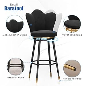Set of 4 Green Velvet Swivel Bar Stools with Back 65Cm Height Modern Kitchen Counter Chairs for Dining Room Home Bar Kitchen IslandBlackcSeat Height 75cm