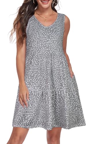 Image of Sundresses for Women Summer Sleeveless Tiered Swing V Neck Tank Dress | 2026 Casual Loose Tank Dress with Pockets, A-Line Flowy Beach Sun dress, Vacation Cruise Fashion Outfits