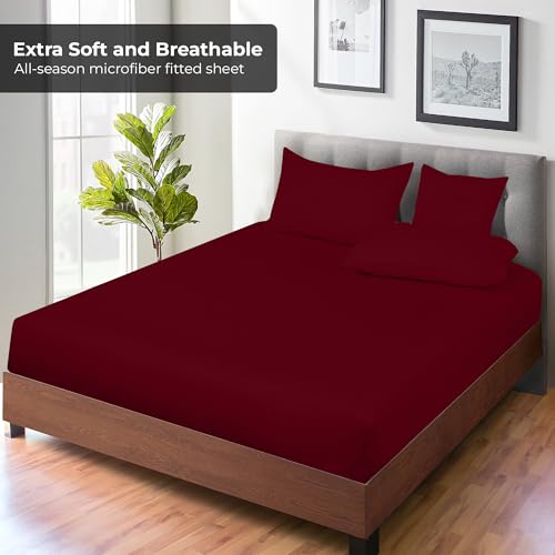 Image of Royale Linens Fitted Sheet King - Ultra Soft 1800 Brushed Microfiber - Hotel Luxury Bottom Sheets - Wrinkle Free & Fade Resistant - Deep Pocket Fitted Sheet Only (King, Burgundy)
