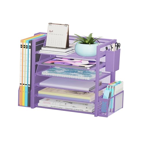 Simple Trending 6 Tier Desk File Organizer, Paper Letter Tray Organizer with File Holder and Pen Container, Purple