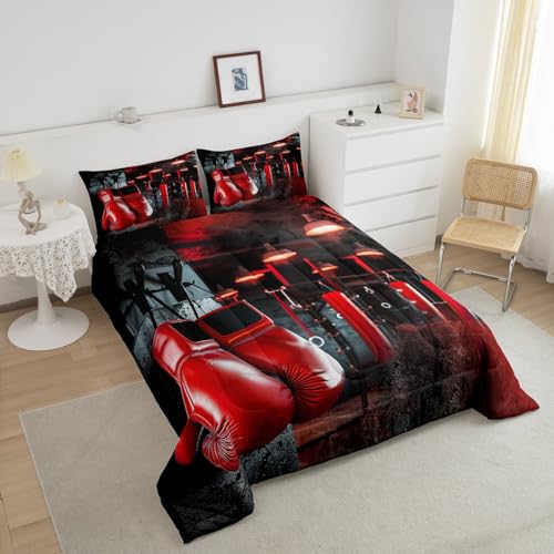 Image of Feelyou Boxing Bedding Set Sports Theme Comforter Set for Kids Boys Girls Men Red Boxing Gloves Pattern Comforter Pugilism Games Vintage Decor Quilt Set with 2 Pillowcases 3Pcs Bedding Queen