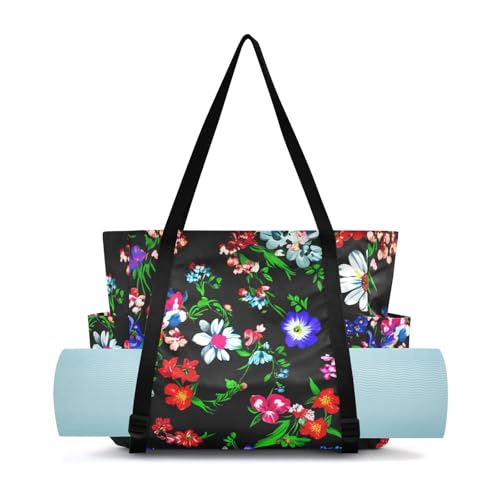 Lxqimora Small Flowers Colorful Black Yoga Mat Bag for Women Water-Resistant Gym Bag with Yoga Mat Holder Tote Bag for Pilates Yoga Office Gym