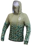 HALDORÁDÓ Camou Carp UPF 50+ Fishing Shirt, Long Sleeve Hooded Performance Top with Integrated Face Mask, Khaki Green Camouflage, Size L