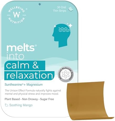 Wellbeing Nutrition Melts Calm & Relaxation | Pure Ashwagandha KSM66, L-theanine, Magnesium, Saffron & Chamomile | Natural Stress & Anxiety Relief, Uplift Mood & Reduce Cortisol, 30 Oral Strips