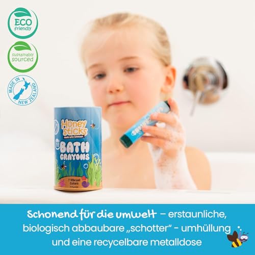 Honeysticks Badestifte für Kleinkinder & Kinder - handgefertigt aus natürlichem Bienenwachs für ungiftigen Spaß in der Badewanne - parfümfrei, Nicht reizendes Badespielzeug-leuchtende Farben-7er Pack
