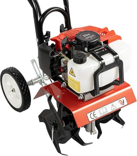 Garden Tiller Cultivator,52CC 2-Stroke Gas Powered Engine Rototiller Garden Tool with Widened Mud Flap Cordless with Long Handle Strong Power Garden Cultivator for Plowing Turning Soil Ditching