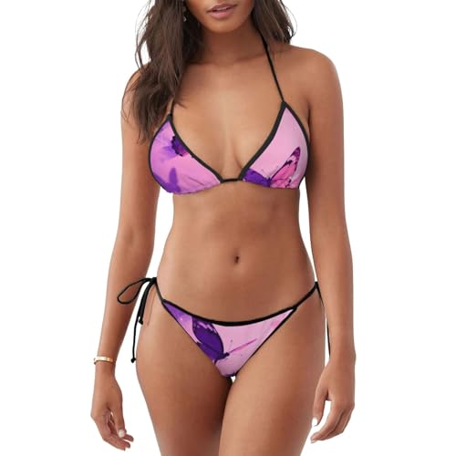 Conjunto de bikini halter de 2 piezas con parte superior triangular, trajes de baño con cuello en V y talle bajo, tallas S-2XL, Fantasy Butterfly Scene Purple, Large