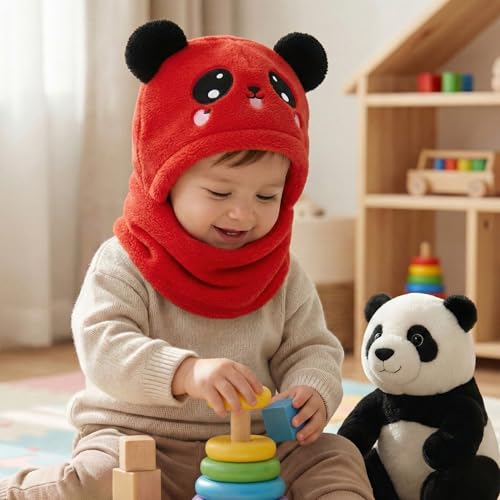 Image of Kraptick Winter Kids Monkey Cap - Cute Panda Plush Balaclava Hat with Neck Warmer Scarf Soft Woolen Fleece Lined Windproof Earflap Hood for Babies -3