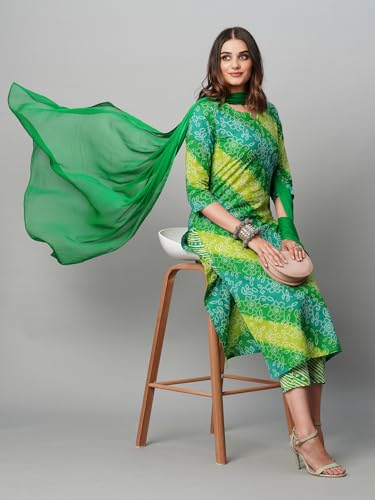 Image of GoSriKi Women's Cotton Blend Printed Straight Kurta with Pant & Dupatta