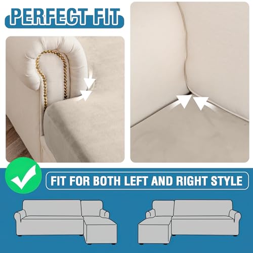 Image of Couch Cover 6-Piece Elastic Velvet Couch Cushion Covers & Chaise Slipcovers for L-Shaped Sofas - Sofa Seat Covers Washable, Soft Protector for Couches (5 Seater + Chaise, Taupe)