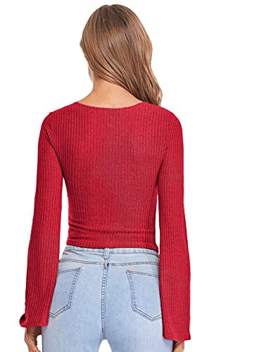 Image of SweatyRocks Women's Adjustable Drawstring String Long Bell Sleeve Rib Knit Sexy Crop Top