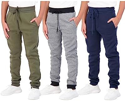 3 Pack: Boys Girls Youth Teen Active Athletic Basic Soft Tech Sports Fleece Jogger Soccer Track Gym Running Slim Fit Tapered Sweatpants Casual French Terry Quick Dry Fit Pockets-Set 1,L(14/16)